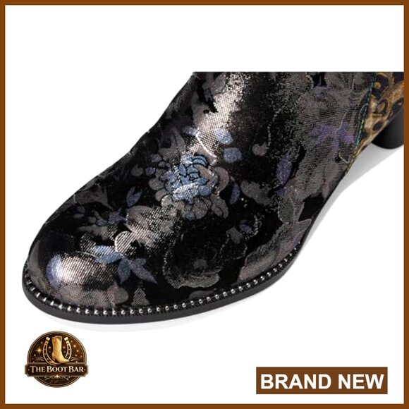 Floral Suede Ankle Booties with Velvet Accent, Side Zipper, Mid-Heel - Picture 3 of 7